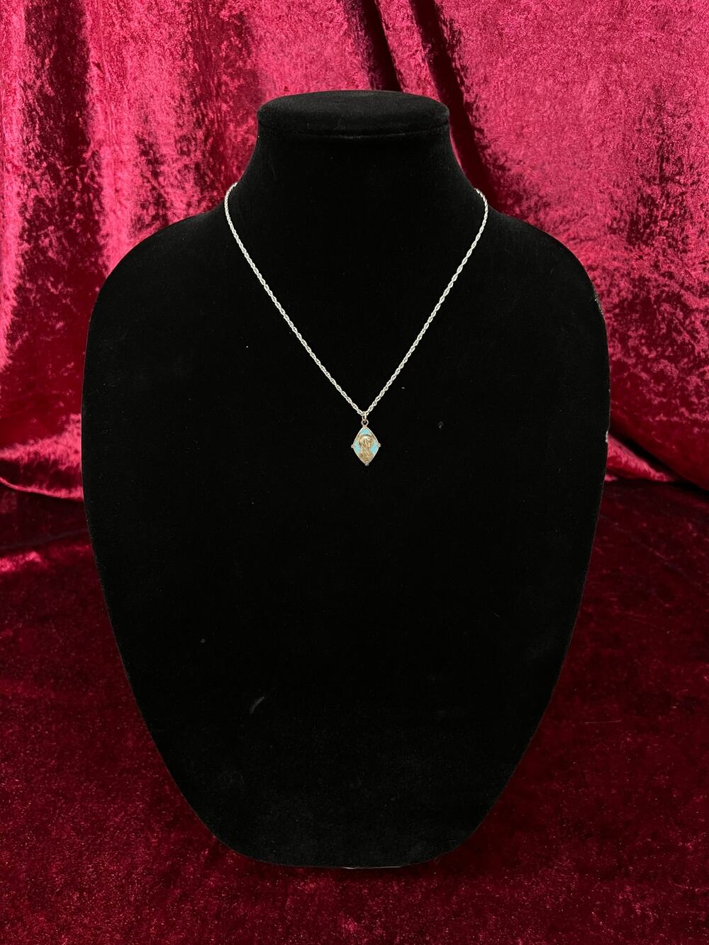 Vintage Silver Tone Religious Medal Necklace - Blue Enamel Marian Pendant - 18"